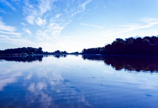Silhoetted tree line reflected on a lake in the evening blue light under a blue cloudy sky