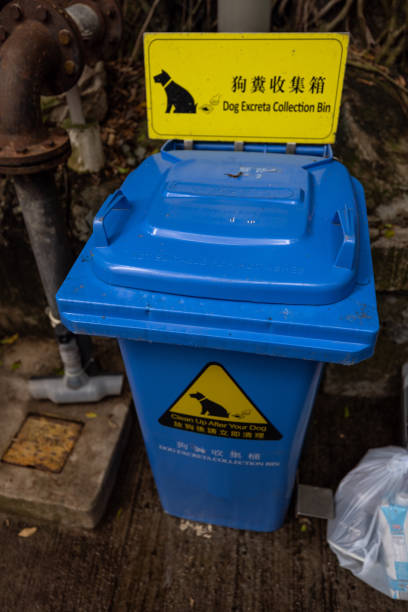 istock Blue Dog Waste Bin with Yellow Instructional Sign 2190153234