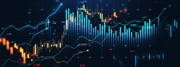 istock Financial data charts with glowing stock and forex graphs on a dark background illuminated in blue tones. 3D Rendering 2190158687