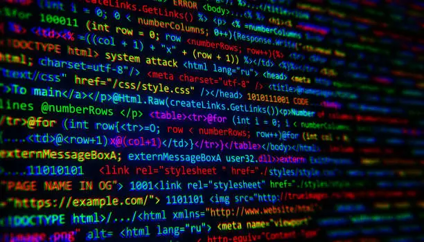 Photo of Colorful programming code displayed on a dark screen background. 3D Rendering