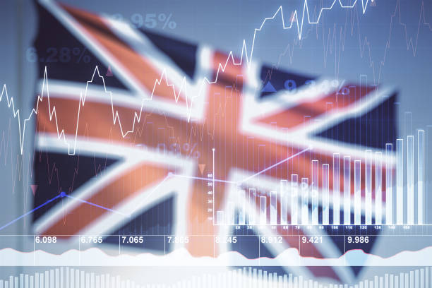 istock Multi exposure of virtual creative financial chart hologram on British flag and blue sky background, research and analytics concept 2190159031