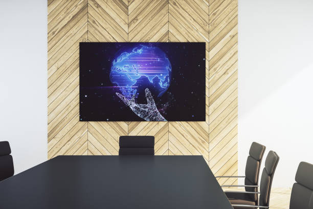 istock Abstract creative world map on presentation screen in a modern conference room, tourism and traveling concept. 3D Rendering 2190159064