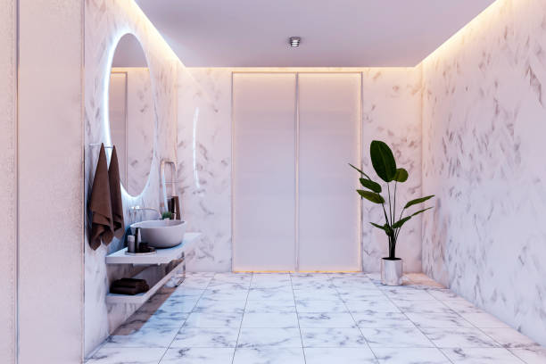 istock Modern elegant bathroom interior with marble decor, sleek sink, large mirror, potted plant, and soft backlit lighting. 3D Rendering 2190159150