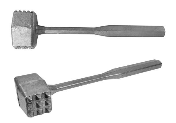 high-resolution image of a metal meat tenderizer hammer displayed in two angles on a white background. The tenderizer features a sturdy metal handle with a square head, showcasing one flat side and one textured side with raised squares designed for tenderizing meat. This studio shot provides a clear view of the tool's shape and functionality, ideal for use in culinary, kitchen equipment, or food preparation contexts.