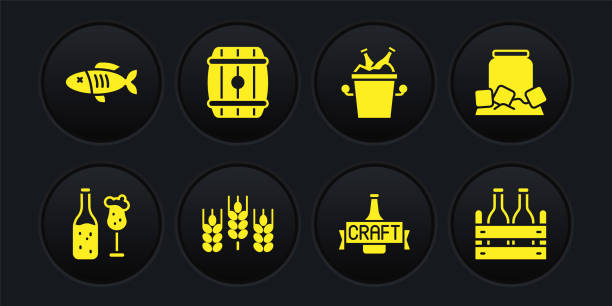 Set Beer bottle and glass, Cold beer can, Wheat, bottles in ice bucket, Wooden barrel, Pack of and Dried fish icon. Vector Set Beer bottle and glass Cold beer can Wheat bottles in ice bucket Wooden barrel Pack of and Dried fish icon. Vector. blank cereal box clip art stock illustrations