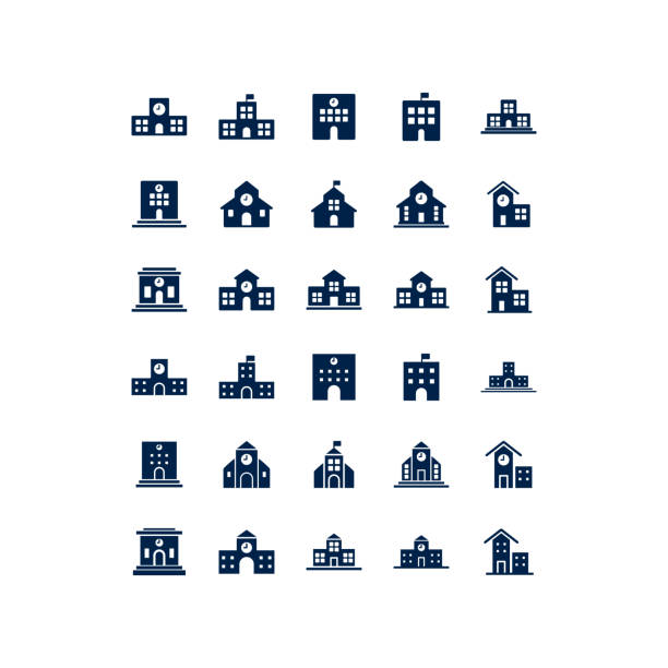 ilustraciones, imágenes clip art, dibujos animados e iconos de stock de ilustración de diseño de empresa del logotipo del conjunto de iconos del edificio de la universidad. - edificio escolar