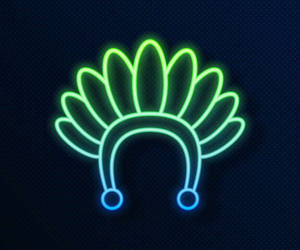 Glowing neon line Indian headdress with feathers icon isolated on blue background. Native american traditional headdress. Vector Glowing neon line Indian headdress with feathers icon isolated on blue background. Native american traditional headdress. Vector. cherokee clip art stock illustrations