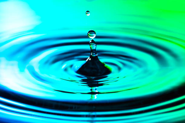 Water drops on blue green on bright background. Colorful circles water surface with rings and ripples from water drops splash. Ecology concept