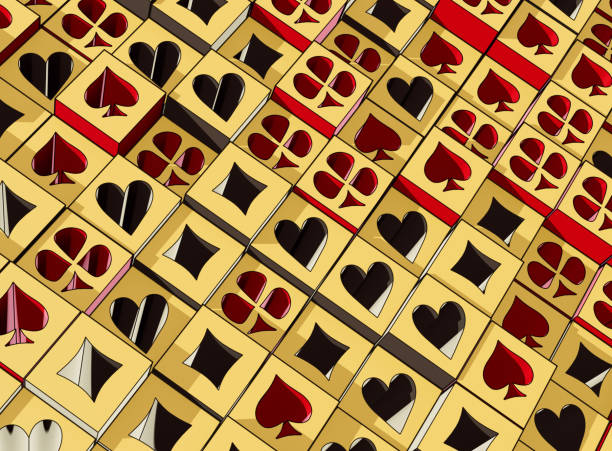A cartoon illustration of a flat array of extruded black and red casino card heart, diamond, spade, and club symbols - 3D render