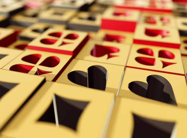 A cartoon illustration of a flat array of extruded black and red casino card heart, diamond, spade, and club symbols - 3D render