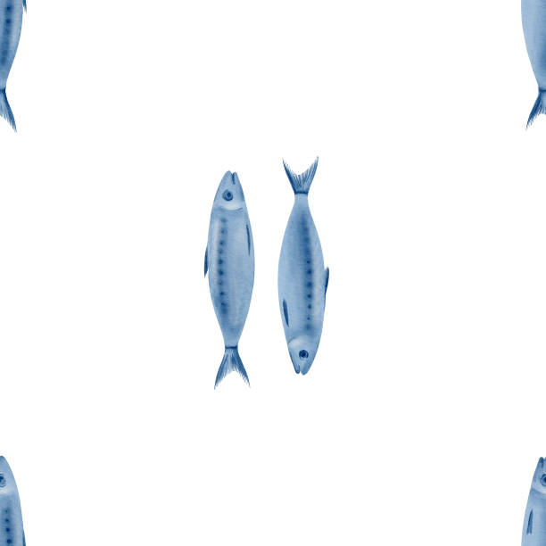 istock Sardine fish in seamless pattern swimming up and down in stylized watercolor illustration on a transparent background for the holiday sardine funeral,fish restaurants,posters,fish markets and stores 2190172322