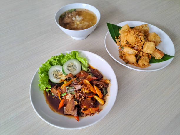 Tasty Oseng Oseng Mercon Daging Sapi Or Spicy Firecracker Beef Stir Fry, Singkong Goreng Cabe Cabai Garam Or Spicy And Salty Fried Cassava, Soto Ayam Or Chicken Soup. Food Menu.