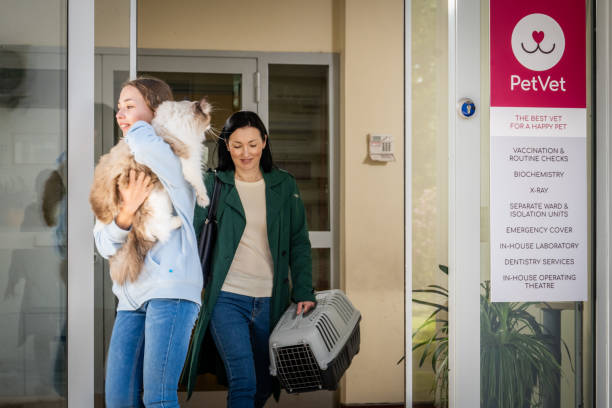 istock Mother and Daughter Exiting Veterinary Clinic with Their Cat 2190173629