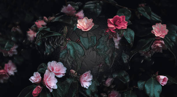 Creative colorful dark layout of flowers and leaves