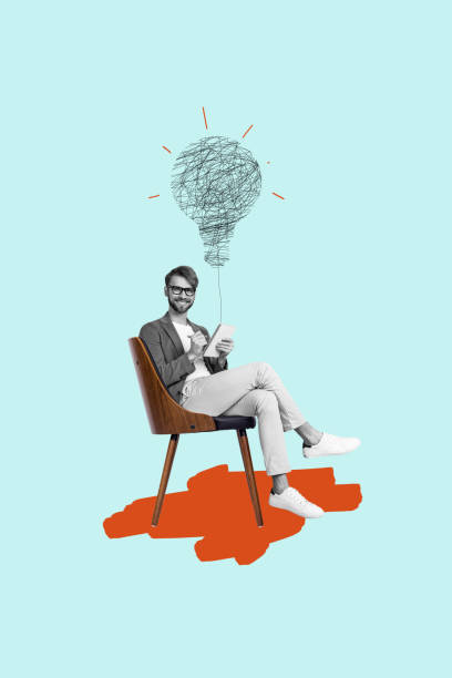 istock Vertical photo collage of smile businessman hold planner notepad sketch light bulb idea finding scribble isolated on painted background 2190181802