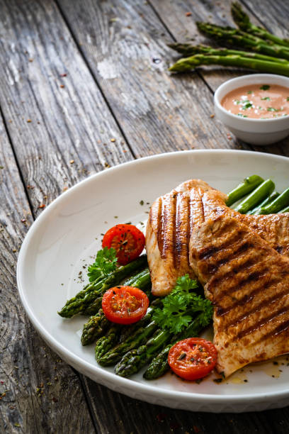 istock Barbecued turkey meat and asparagus on wooden table 2190181978