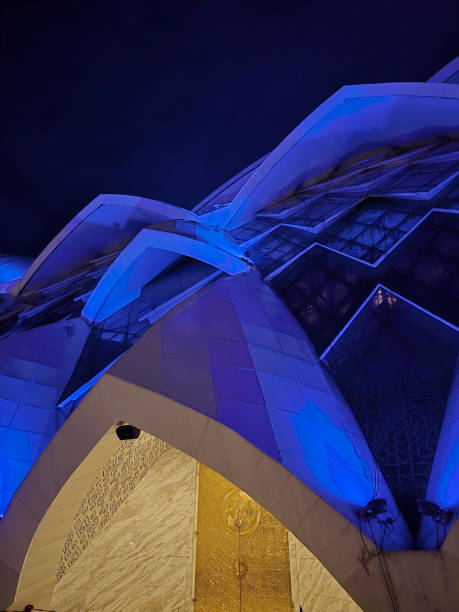 Bandung, West Java, Indonesia, November 30th 2024. The facade of Al Jabbar Mosque in the night. An amazing architecture design with lighting art