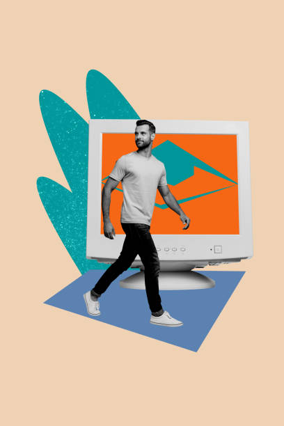 istock Composite trend artwork sketch image photo collage of young guy office manager walk step direction huge computer obsolete monitor work 2190183050
