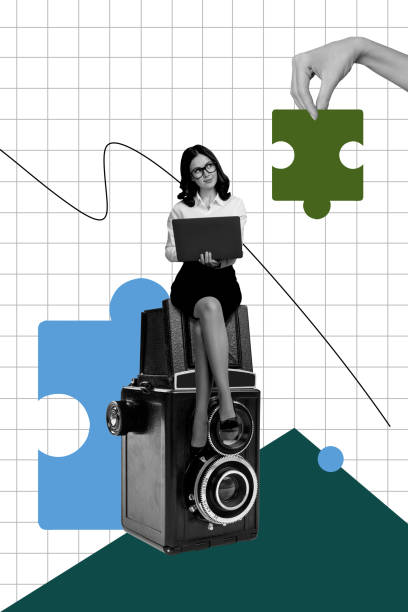 istock Composite trend artwork sketch image 3D photo collage of young lady miniature sit huge photocamera solve puzzle smart clever laptop 2190187156