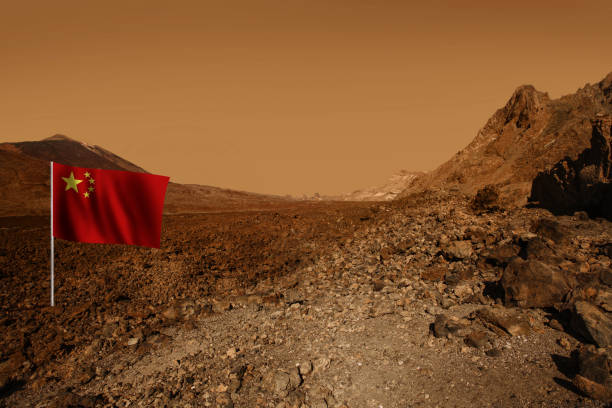 istock Chinese flag on red planet landscape. Scenic desert background. Chinese space program concept 2190187760
