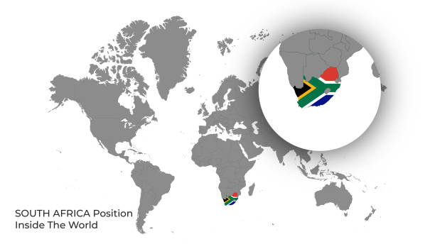 illustrations, cliparts, dessins animés et icônes de afrique du sud position à l’intérieur du monde avec drapeau sur la carte - soweto