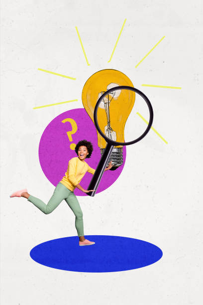 Composite trend artwork 3D sketch image photo collage of idea lamp student mind think young lady work walk hand hold magnifier glass