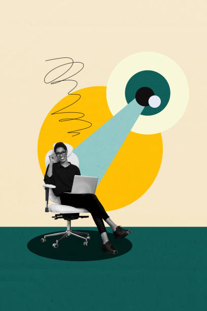 istock Composite artwork 3D collage trend template of eye watch vision laptop internet online virtual technology young woman sit armchair smile 2190190747