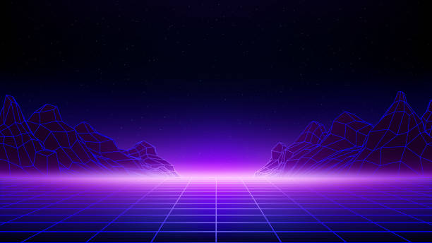 istock Retro futuristic background. Synthwave 80s style, neon color. Laser, neon grid. Starry sky background, mesh, grid floor, mountain. Futuristic 3d dark purple blue backdrop, sci-fi template. Vector 2190190889