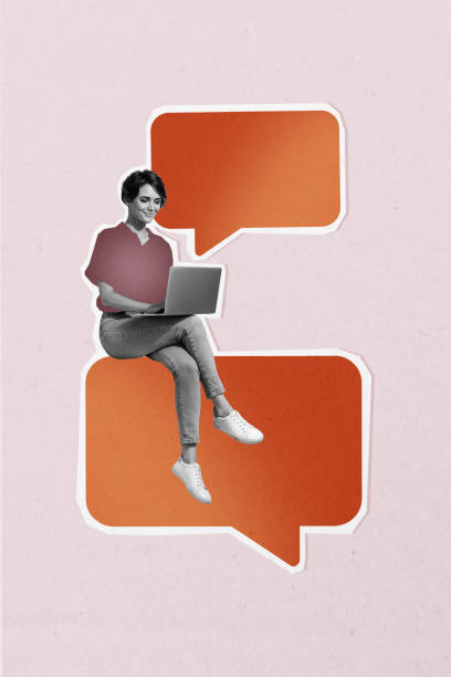 istock Vertical collage picture young woman laptop digital device browsing textbox message communication dialog email receive sms 2190194825