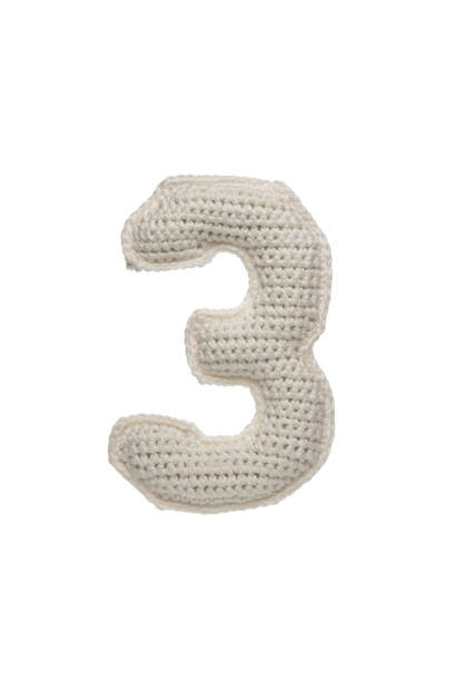 A crocheted number 3 in white yarn, isolated on a white background, perfect for educational materials, crafts, or decorative purposes.