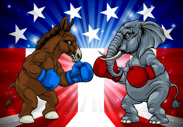 Republican Democrat Elephant Donkey Election Republican and democrat elephant and donkey facing off American election party politics concept republican elephant logo stock illustrations