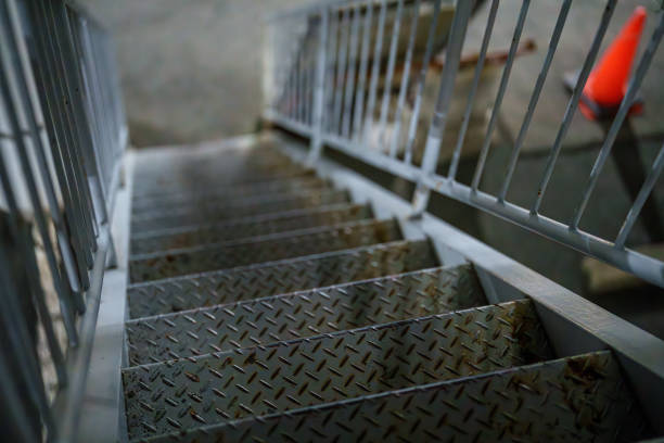Scenery of long iron stairs at night
