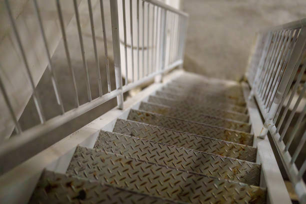 Scenery of long iron stairs at night