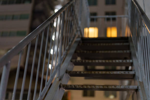 Scenery of long iron stairs at night