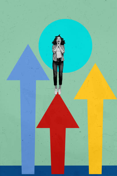 istock Creative design composite trend artwork collage of arrow up way trader target business hiring profession young lady shocked stand arrow 2190201443