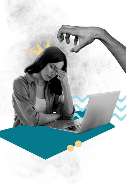 istock Artwork sketch image photo collage of young lady sit laptop hand touch head feeling overwhelmed burnout pressure remote work crisis stress 2190201599