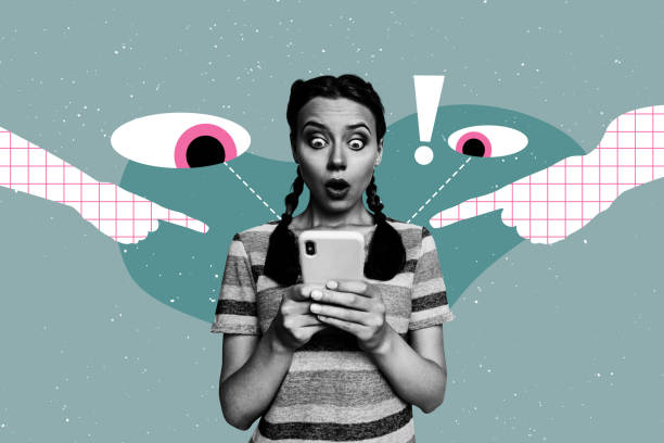 Creative composite sketch design artwork collage of young lady read news smartphone security vision surveillance control focus scrutiny