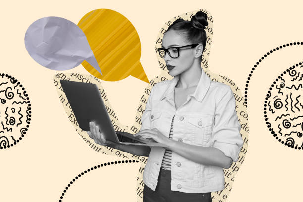 istock Composite trend artwork sketch image photo collage of speech cloud message social media chatting online young lady work laptop eyewear 2190202004
