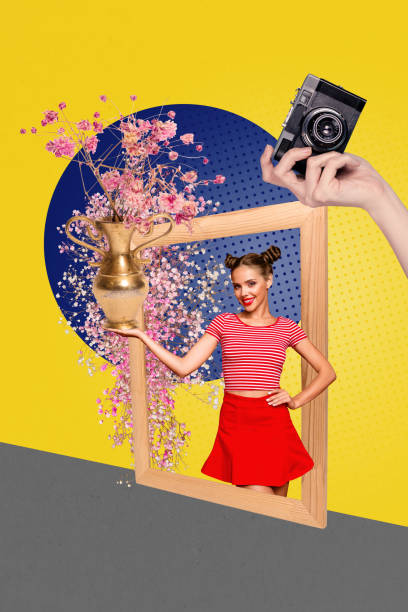 3D collage design composite trend artwork sketch of young lady stand frame hand hold vase flower smile journalist take photo retro style