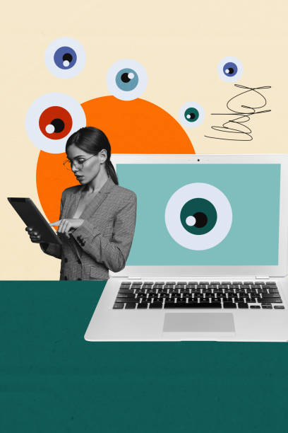 istock Composite sketch image design trend collage of young woman type tablet data surveillance spy cyberattack security eyes watch remote laptop 2190202080