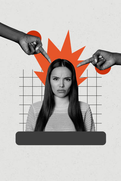 istock Composite trend artwork sketch image 3D photo collage of young lady depressed face emotion finger point gesture stereotype mockery 2190202104