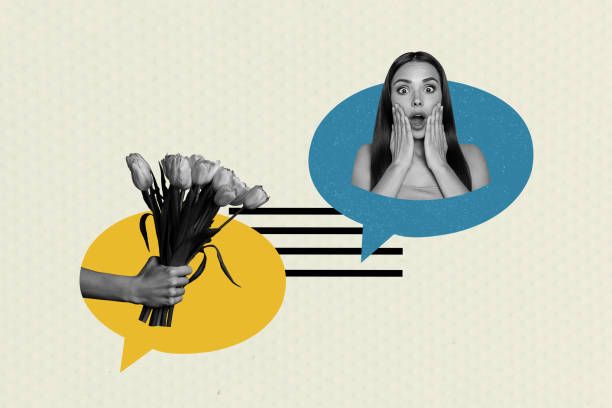 istock 3D photo collage trend sketch template artwork of speech cloud space media app message young lady head shocked surprise hand hold bouquet 2190202152