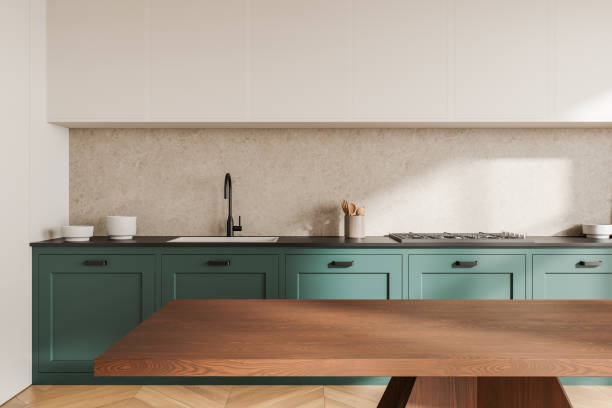 istock Cozy home kitchen interior with cooking cabinet, empty bar counter 2190202231