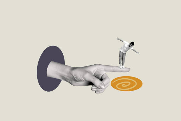 istock Composite image montage trend artwork 3D collage of huge hand showing finger point young guy stand balance confused abyss solve problem 2190202236