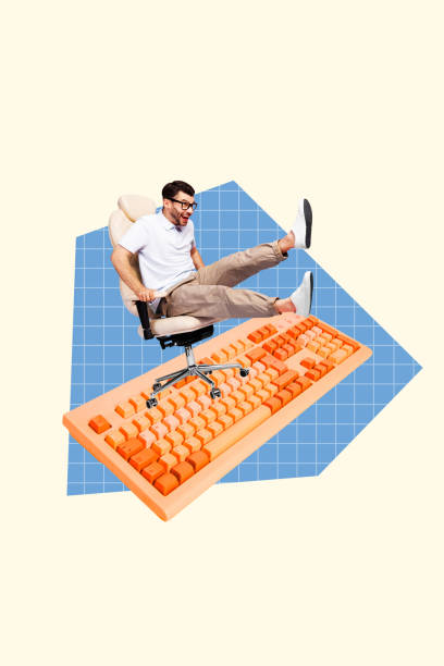 istock Vertical collage young man clerk office worker employee armchair keyboard computer device equipment modern technology checkered background 2190202243