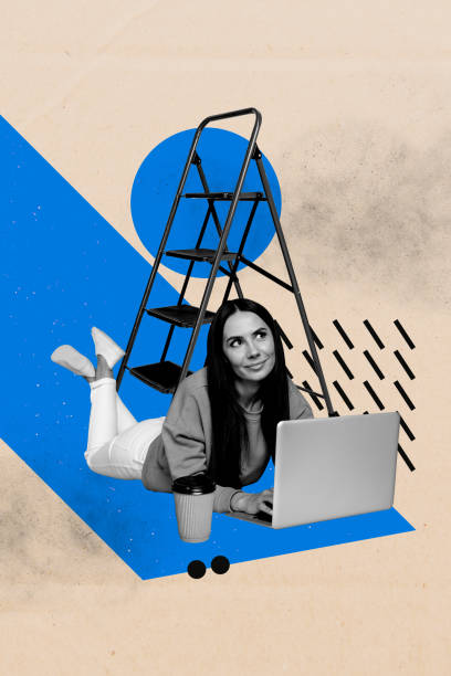 istock Creative 3D photo collage trend artwork template of ladder device laptop internet online technology young woman lying think drink coffee 2190202712