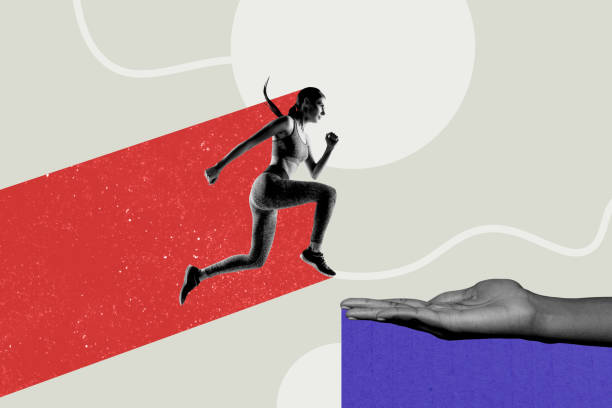 istock Creative photo collage picture young sportswoman runner go step ambitious persistent achieve goal palm hand athlete drawing background 2190202727