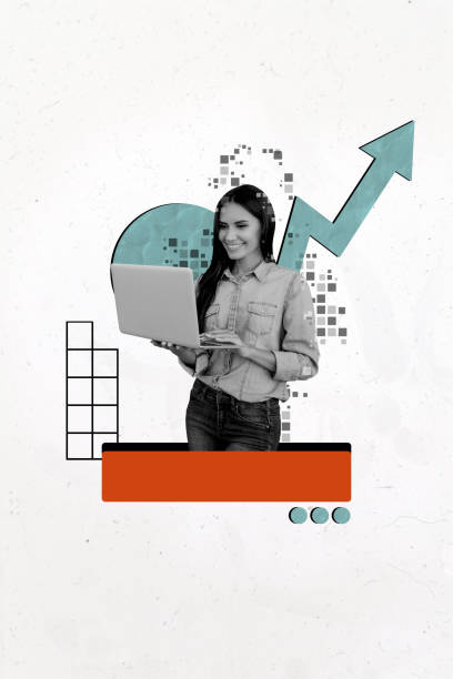 istock Collage design composite trend artwork sketch of business charts graphics goal analyzing arrow up direction young lady smile watch laptop 2190202748