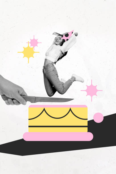istock Composite trend artwork sketch image collage of holiday anniversary celebration happy birthday party young lady cone hat jump cake knife 2190202769