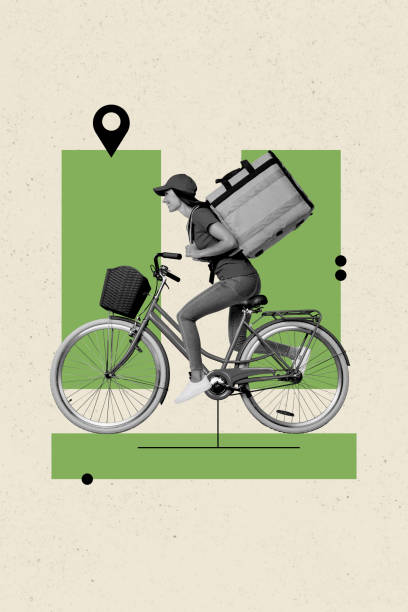 istock Composite trend artwork 3D sketch image photo collage of young lady hold backpack courier delivery service express ride location bike 2190202816